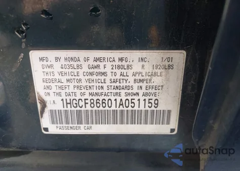 2001 Honda Accord Value Package from USA, damaged, VIN 1HGCF86601A051159